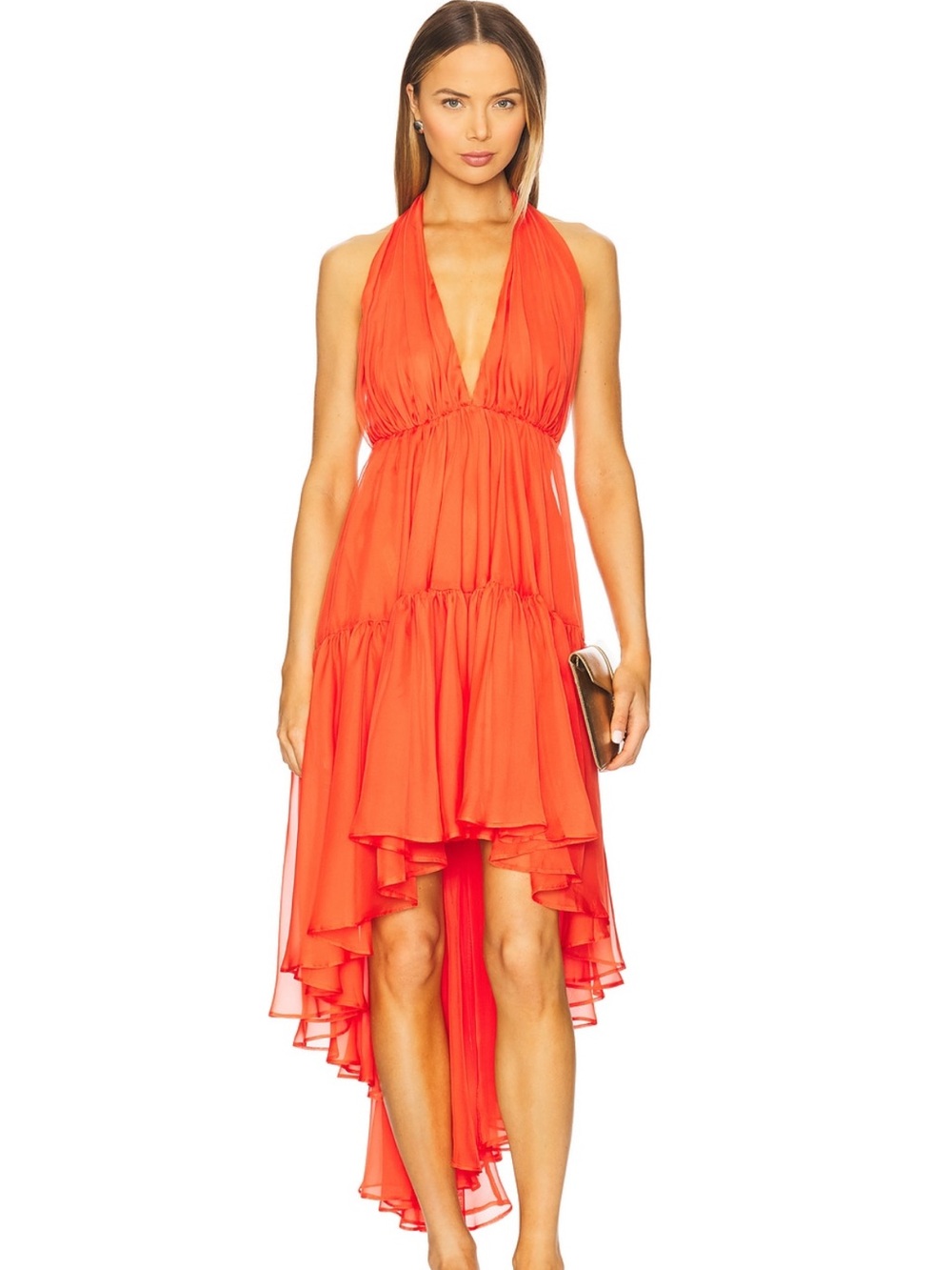 Bardot Leona High Low Ruffle Dress in Fire Red